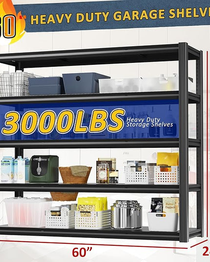 60" W Garage Shelving Heavy Duty,5 Tier Storage Shelves,3030LBS Adjustable Shelf Unit, Metal Garage Shelving for Warehouse Industrial Basement, 72" H × 60" W × 24" D, Black