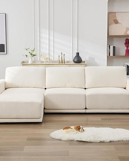 110.6" L Shaped Modular Sectional Sofa Modern Chenille Comfy Couch with Thickened Seat Cushions, Easy Assembly, Upholstered 4 Seater Couch with Movable Ottoman for Living Room, White
