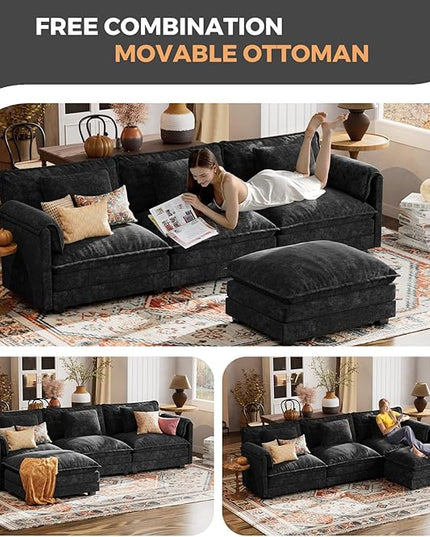 ELUCHANG 113" Modular Sectional Sofa, Comfy Cloud Couch Deep Seat Sofa Couches for Living Room, Modern Sofa with Movable Ottoman and Throw Pillows, DIY Combination - Chenille Black
