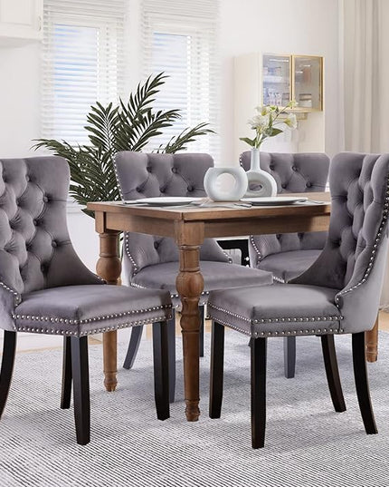 SoarFlash Velvet Dining Chairs Set of 2, Tall Back Side Chair, Modern Upholstered High-end Tufted Side Chair with Button Back Ring, Solid Wood Legs (Gray)