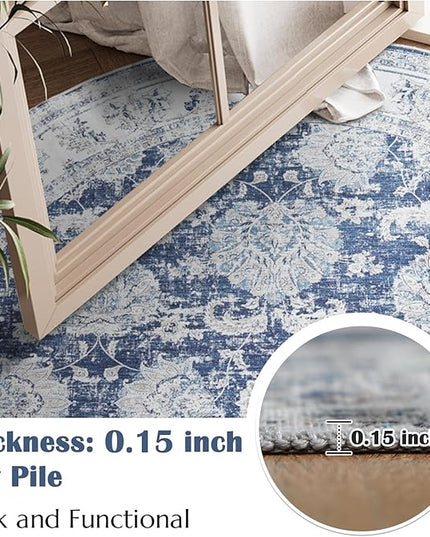 jinchan Fiora Round Rug 8ft Area Rugs Vintage Floral Distressed Design Machine Washable Non-Slip Low-Pile Ultra-Thin Circle Rug for Living Room Dining Room Bedroom Farmhouse (8' Round, Dark Blue)