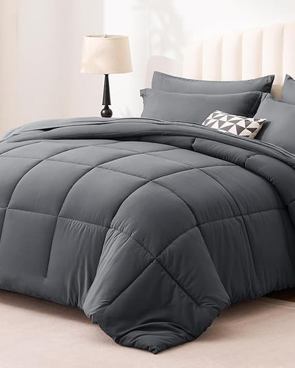 Love's cabin King Size Comforter Set Soot Grey, 7 Pieces King Bed in a Bag, All Season Bedding Sets with 1 Comforter, 1 Flat Sheet, 1 Fitted Sheet, 2 Pillowcase and 2 Pillow Sham