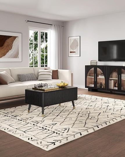 Lift Top Coffee Table with Storage, Modern Coffee Table with Solid Wood Legs, 38" Minimalist Fluted Center Table for Living Room, Home Office, Black