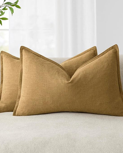 Foindtower Pack of 2, Decorative Linen Soild Throw Pillow Covers Soft Accent Lumbar Cushion Case Boho Farmhouse Pillowcase for Couch Sofa Bedroom Living Room Home Decor 12 x 20 Inch Honey Mustard