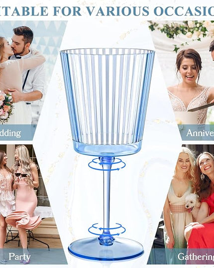 24 PCS Blue Ribbed Plastic Wine Glasses 13.5 OZ Ribbed Wine Glasses Detachable Wine Glass Elegant Fluted Glassware Vintage Style for Wedding Anniversary Birthday Dinner Parties(Blue, 24 Pack)