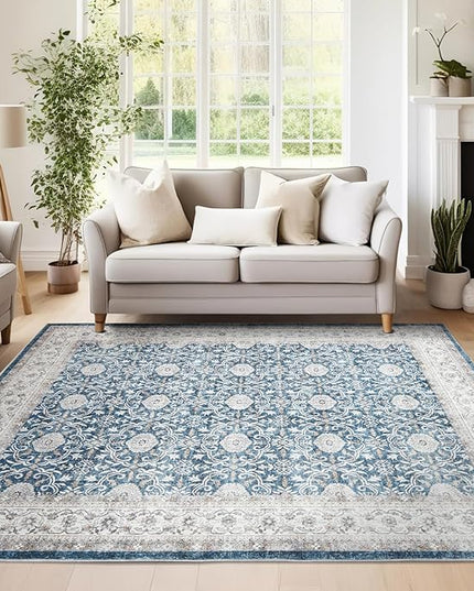 jinchan Floral Area Rugs 4x6 Machine Washable Vintage Distressed Boho Design Throw Rug Stain Resistant Carpet Low Pile Ultra-Thin Non-Slip for Bedroom Living Room Dining Room Kitchen(4‘x6', Drak Blue)