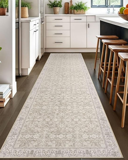 3x10 Washable Runner Rug for Kitchen, Cream Beige White Grey Soft Classic Runner with Non-Slip, Non-Shedding Distressed Floral Rug for Hallways Entryway Bedroom Laundry Indoor