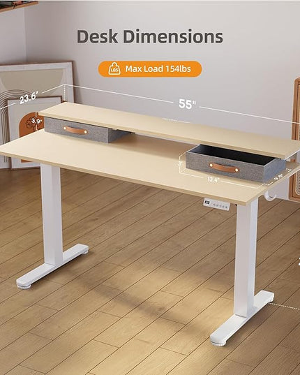 Claiks Electric Standing Desk with 2 Drawers, Adjustable Standing Desks with Storage, Height Adjustable Stand up Desk for Home Office with 2 Hooks,55 Inch Natural