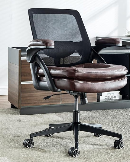 Big and Tall Office Chair, 500lbs Mesh Heavy Duty Ergonomic Desk Chair with Flip-up Armrests, Plus Size Wide Seat in PU Leather, 360 Swivel Computer Executive Task Chair for Home Office (Brown)