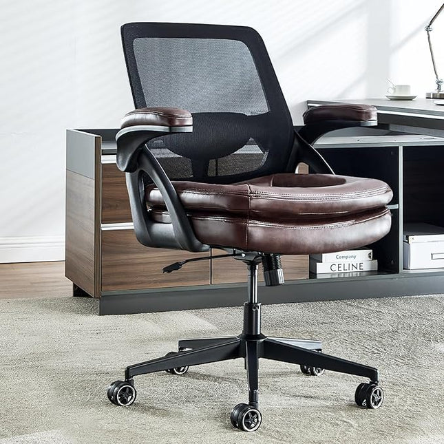 Big and Tall Office Chair, 500lbs Mesh Heavy Duty Ergonomic Desk Chair with Flip-up Armrests, Plus Size Wide Seat in PU Leather, 360 Swivel Computer Executive Task Chair for Home Office (Brown)
