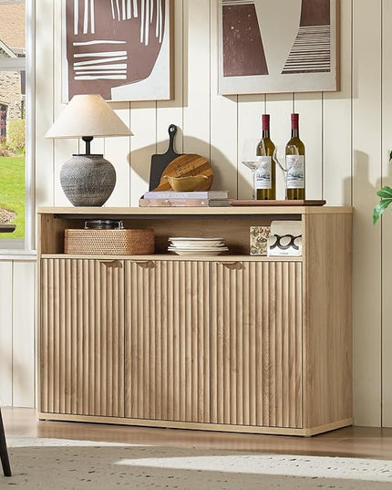 LEYAOYAO Buffet Cabinet with Storage, 45" Wide Fluted Accent Sideboard Credenza with 3 Doors & Open Storage Shelf, Modern Kitchen Wood Media Console Cabinet for Dining Room, Entryway, Natural Oak
