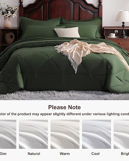 NTBAY Queen Comforter Set with Sheets, 7 Pieces Soft and Breathable Queen Bedding Set, Bed in a Bag, Down Alternative Comforter Set Solid Color All Season, Queen Bedding Set, Olive Green