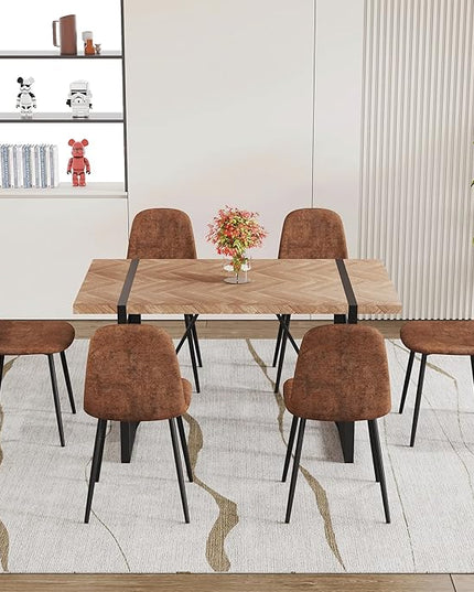 FURNITO 7 Piece Dining Table Set for 6, 55" Wooden Kitchen Table with Upholstered Chairs, Mid Century Modern Rectangular Dining Room Set, Rustic Table and Chairs Set for Kitchen or Living Room