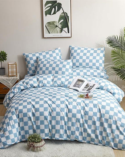 CLOTHKNOW Blue White Plaid Full Size Comforter Sets 3Pcs Grid Bedding Comforter Sets All Season Soft Checker Comforter with 2 x Pillow Cases