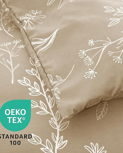 MUXHOMO Taupe Full Comforter Set, Elegant Floral Print Bed in a Bag 7 Pieces, Ultra Soft & Breathable Reversible Botanical Pattern Bedding Set with Comforter, Sheets, Pillowcases, and Shams