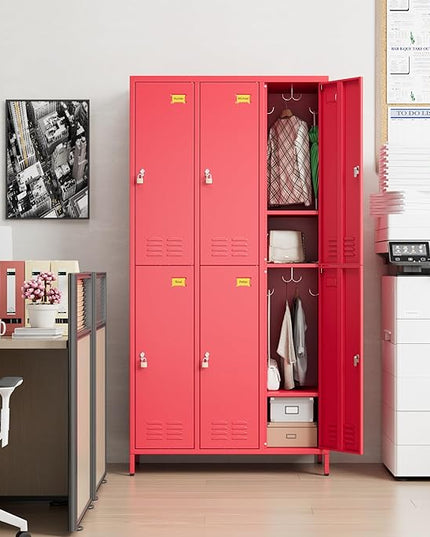 Aobabo Metal Locker for Employees, 6 Doors Metal Locker Cabinet with Lock, Industrial Storage with 18 Hooks, Storage for Home, Office, Gym, Assembly Required, Red