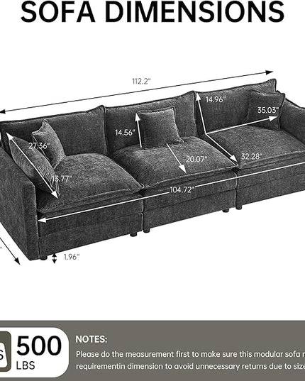 Modular Sectional Sofa, 112.2 Inch Rectangle Shaped Couch Set with Armrests, 3-Seater Comfy Cloud Couches for Living Room Apartment, Grey