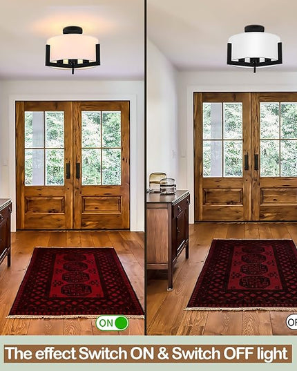 16 inch Semi Flush Mount Ceiling Light: 3-Light Black Modern Light Fixtures Ceiling Mount with Drum Fabric Shade, Close to Ceiling Lamp for Bedroom, Kitchen, Entryway (Bulb Exclude)