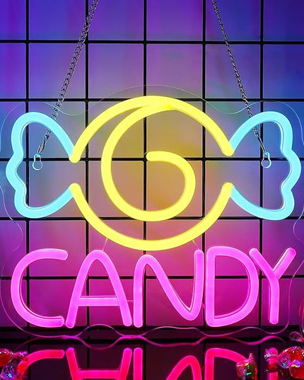 Neon Sign for Wall Decor, Lights for Workshop, Business Signs - Suitable for Man Cave Bar Pub Restaurant - 5V Power Adapter with Hanging Chain Hooks (CANDY)
