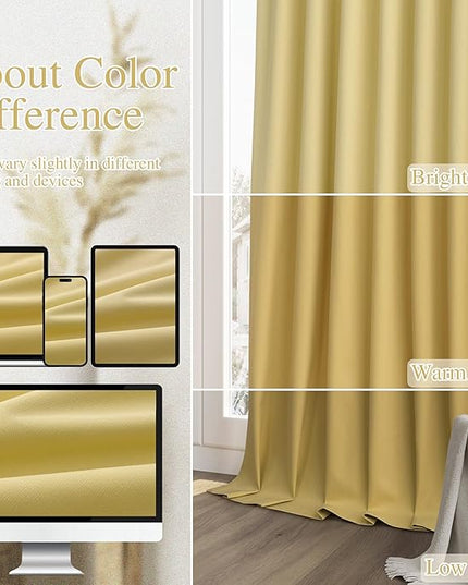 Guken Yellow Blackout Curtains 72 Inch Length 2 Panels Set for Living Room Bedroom Back Tab Thermal Insulated 100% Black Out Linen Drapes Room Darkening Window Curtains 72 Inches Long