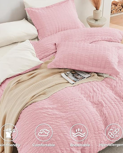 HYMOKEGE Pink/Ivory Queen Comforter Set Seersucker 7 Pieces, All Season Luxury Bed in a Bag Queen for Bedroom, Bedding Set with Comforter, Sheets, Pillowcases & Shams