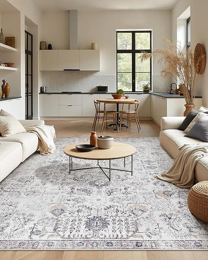 jinchan Area Rug 9x12 Washable Living Room Rug Vintage Indoor Large Floor Cover Retro Accent Mat Distressed Gray Floral Country Boho Non Slip Thin Carpet for Bedroom Kitchen Dining Room Office Grey