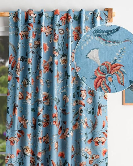 Maison d' Hermine Curtains for Living Room 100% Cotton 124 inch Length One Panel Light Filtering Curtains for Bedroom Windows with Rod and Loop Pockets Drapes (Dalida Blue, 50" W x 124" L)