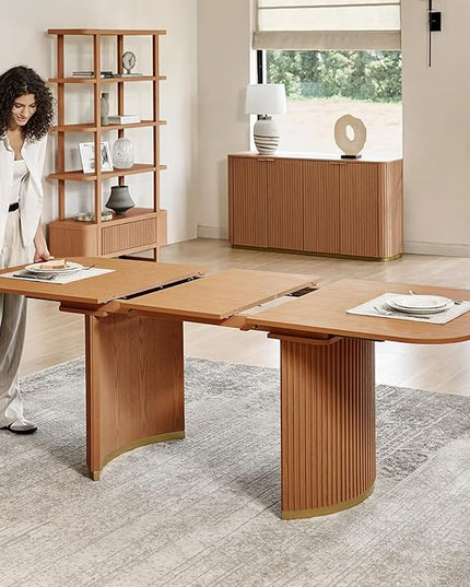 Modern Extendable Dining Table, Light Oak Wood, Mid-Century Design with Hidden Extension Board, Fluted Double Column Base, Rounded Corners, for Kitchen, Living Room