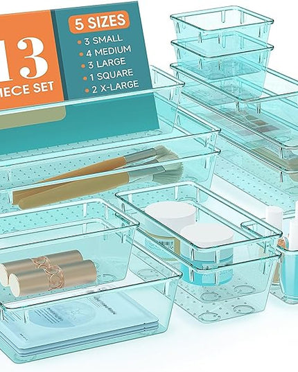 13 PCS Drawer Organizer Set, 5 Varied Size Bathroom and kitchen Drawer cabinet organizer Trays, Clear Storage Bins for Makeup, Jewelry, Utensils and Gadgets