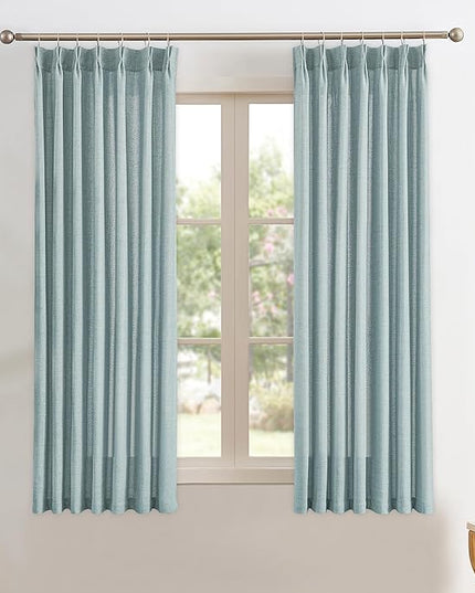 Light Blue Linen Pinch Pleat Curtains 63 Inches Long Pleated Semi Sheer Textured Drapes Hooks Back Tab Coastal Modern Light Filtering Curtain 2 Panels for Living Room Bedroom Office 42x63