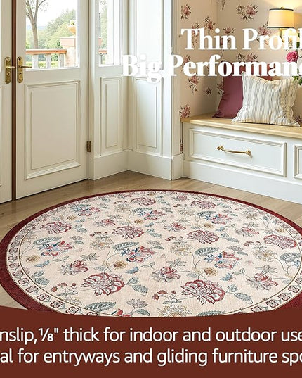 jinchan Elora 5ft Floral Round Rug for Entryway Washable Rug Vintage Romance Christmas Design Non Slip Indoor Doormat Lightweight Low-Profile Throw Carpet for Living Room Dining Room, Red/Beige