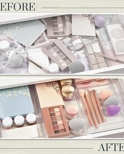 STORi SimpleSort 3-Piece Stackable Clear Drawer Organizer Set | 12" x 6" x 2" Rectangle Trays | Wide Makeup Vanity Storage Bins and Office Desk Drawer Dividers | Made in USA