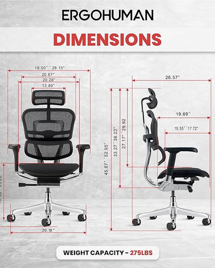 Ergohuman Eurotech ME7ERG GEN2 High Back Mesh Office Chair with Tilt Tension Control, Tilt Lock, Back Angle, Back Height, Synchro Tilt, Seat Height, Seat Depth, and Arm Height Adjustments, Black