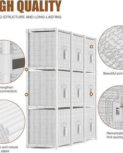 9 Cube Storage Organizer with Printed Drawers, Toy Cubby Storage for Closet, Living Room, Dorm - White