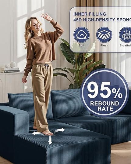 138" Boneless Couches for Living Room, Modular Cloud Couch Sofa - 4 Pieces L Shap Corduroy Sectional Sofa, Fluffy Memory Foam Sleeper Sofa Furniture, No Assembly, Wide Armrest, Navy Blue