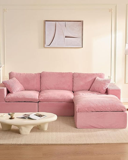 106.3” Sectional Couches for Living Room, Cloud Couch, Modular Sectional Sofa, Convertible Sofas Bed, Deep Seat Sofa, L Shaped Cozy Sofa Furniture Set, Corduroy, Pink