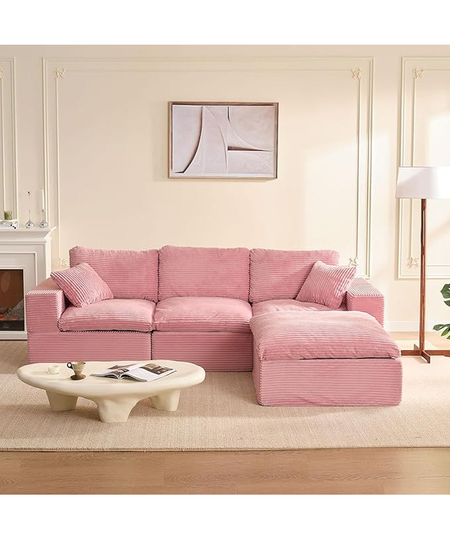 106.3” Sectional Couches for Living Room, Cloud Couch, Modular Sectional Sofa, Convertible Sofas Bed, Deep Seat Sofa, L Shaped Cozy Sofa Furniture Set, Corduroy, Pink