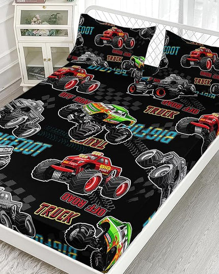 AILONEN Truck Fitted Sheet Twin XL Size,Pickup Truck Bedding Set for Kids Boys,Rigfoot Automobile Extreme Sport Theme Bed Sheet Set,3 Pieces,Soft Breathable Fitted Sheet and 2 Pillowcases