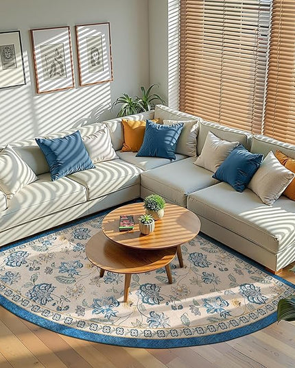 jinchan Elora Floral Corner Rug for Living Room Washable Bedroom Rug Vintage Romance Design Non Slip Quarter Circle Lightweight Low-Pile Throw Carpet for Reading Nook Playroom, 6ft Radius, Blue/Beige