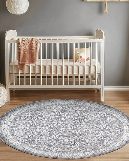 jinchan Round Rug 6ft Washable Circle Soft Rug - Low Pile Vintage 6'Round Indoor Grey Floral Print Stain Resistant Boho Carpet Ultra-Thin Non-Slip for Living Room Nursery Bedroom Dining Room Kitchen