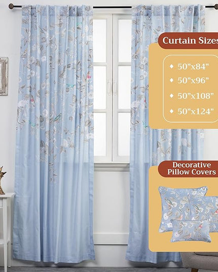 Maison d' Hermine Curtains for Living Room 100% Cotton 108 inch Length One Panel Light Filtering Curtains for Bedroom Windows with Rod and Loop Pockets Drapes (Celeste, 50" W x 108" L)