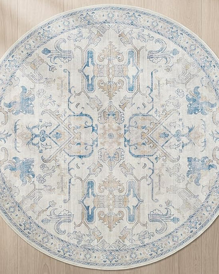 jinchan Round Rug 8ft Area Rug Vintage Floor Mat Kitchen Indoor Ultra-Thin Soft Floral Print Washable Circle 8' Accent for Farmhouse Non Slip Dining Room Living Room Bedroom Office Blue