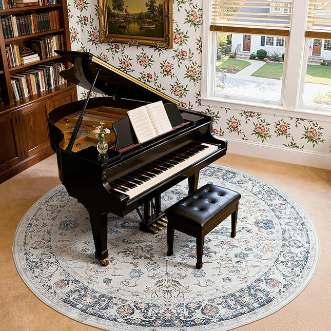 jinchan Round Rug 8ft Area Rug - Washable Boho Vintage Floral Circle 8' Round Floor Cover Lightweight Low Pile Thin Throw Non-Slip Carpet for Kitchen Living Room Bedroom Dining Room Office Grey Multi
