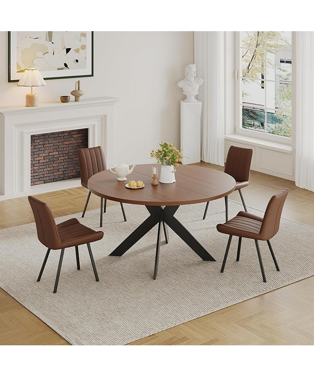 Walnut Round Dining Table Set for 4, Mid-Century Modern Kitchen Table and Chairs, Small Space Dining Room Furniture for Apartment, Breakfast Nook or Studio (Boxwood-1 Table + 4 Brown Chairs)