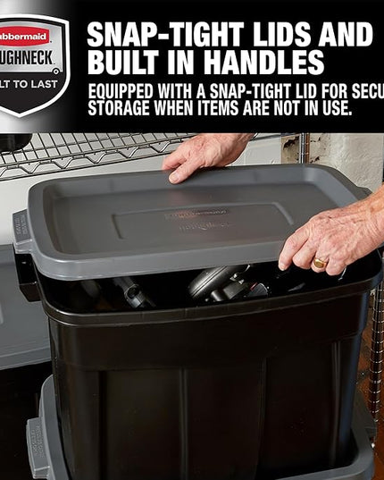 Rubbermaid 18 GAL 6 Pack Garage Storage Bins with Stackable Lid, Heavy Duty - Made in USA - Extreme Temperature Resistant, Durable Plastic Containers with Handles - Solid Black and Grey