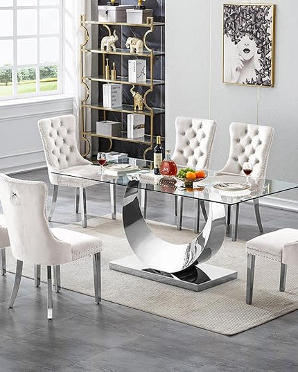 7 Piece Dining Table Set, Modern Glass Dining Table Set for 6, 70" Luxury Glass Table w/Silver Stainless Steel Base & 6 Beige Tufted Chairs, Kitchen Dining Room Sets for 6 for Breakfast Dinner Dinette