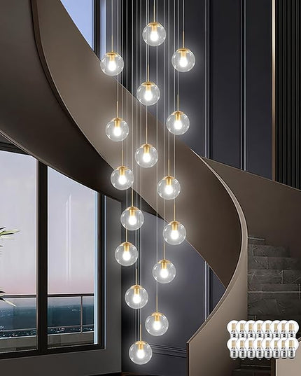 KoKo&Yukina 16-Light Gold Mid Century Modern Chandelier for Living Room Staircase Chandelier for Entryway Clear Globe Glass Chandelier High Ceiling Chandeliers Foyer Entryway (Bulb & Remote Incl.)