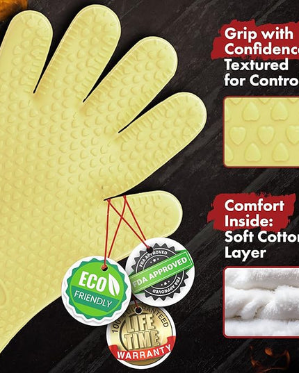 KITCHEN PERFECTION S Silicone Smoker Oven Gloves for Women -Extreme Heat Resistant BBQ Gloves -Handle Hot Food Right on Your Grill Fryer |Waterproof Oven Mitts Cooking Gloves |Superior Set+3 Bonuses
