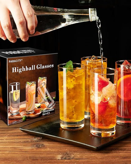 PARACITY Highball Glasses Set of 4, Drinking Glasses 10 Oz, Clear Glass Cups, Tall Tumbler Water Glasses, Glassware Set for Cocktail, Coffee, Mojitos