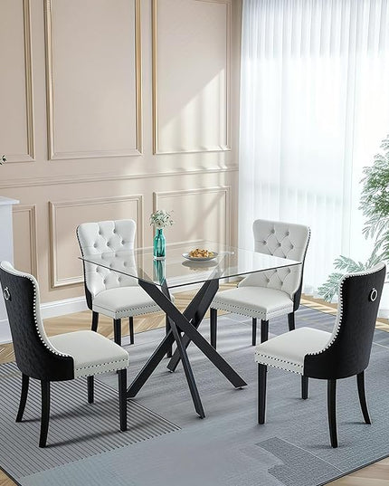 5 Piece Square Glass Dining Table Set for 4, Modern Dining Room Table and Chairs Set, Tempered Glass Top Kitchen Table with 4 Velvet Chairs, Space Saving Dining Set for Small Apartment or Home